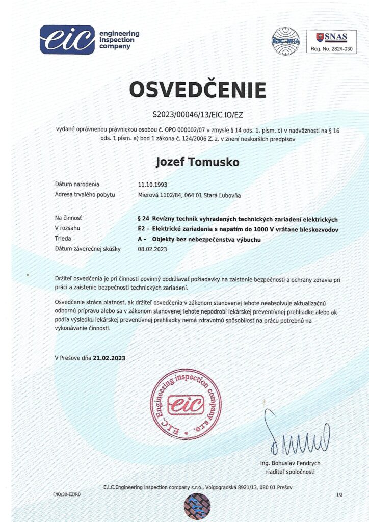 Osvedcenie revizny technik