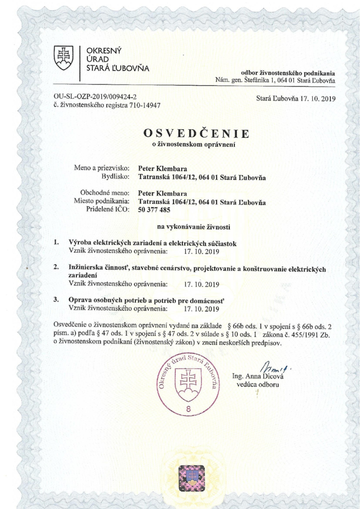 osvedčenie o zivnostenskom opraveneni